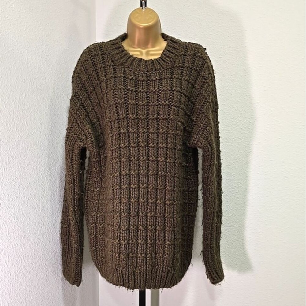 Olive Green Chunky Fisherman Cable Knit Wool Blend Sweater Womens Lge Heavy Long
